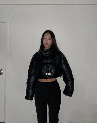 Buckle Leather Short Down Jacket