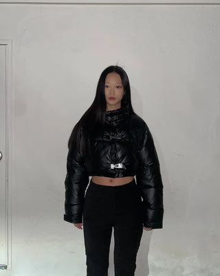 Buckle Leather Short Down Jacket