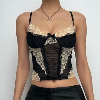 Lace hem contrast ruffle ruched patchwork cross back crop top