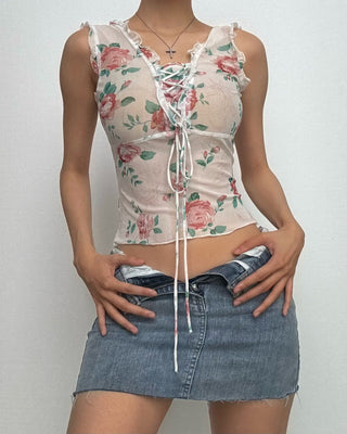Lace up flower print v neck ruffle top