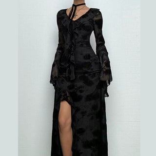 Long flared sleeve v neck slit ruffle midi dress