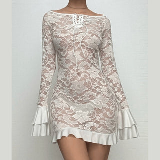Long flared sleeve lace up lace see through mini dress