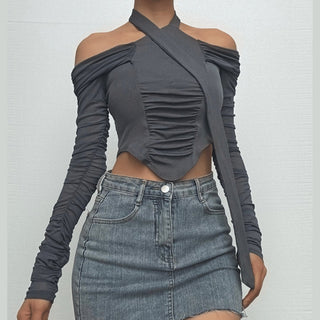 Off shoulder halter ruched crop top