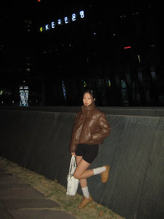 Short-length leather down jacket