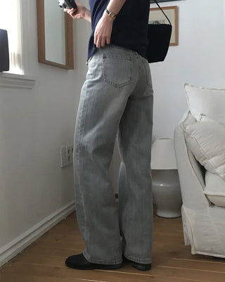 Semi-wide straight denim pants