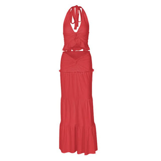 Halter v neck ruffle ruched maxi dress skirt set
