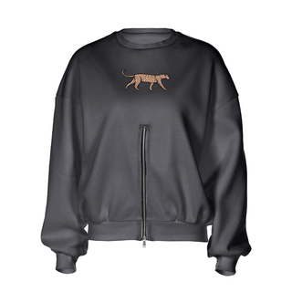 Long sleeve crewneck leopard pattern zip-up top