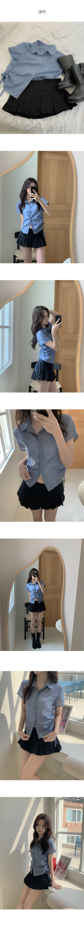 Striped sheer shirred short-sleeved shirt blouse