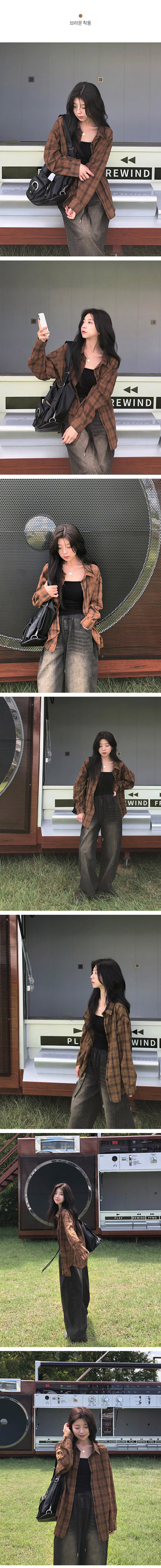 Brown checkered long-sleeved shirt blouse