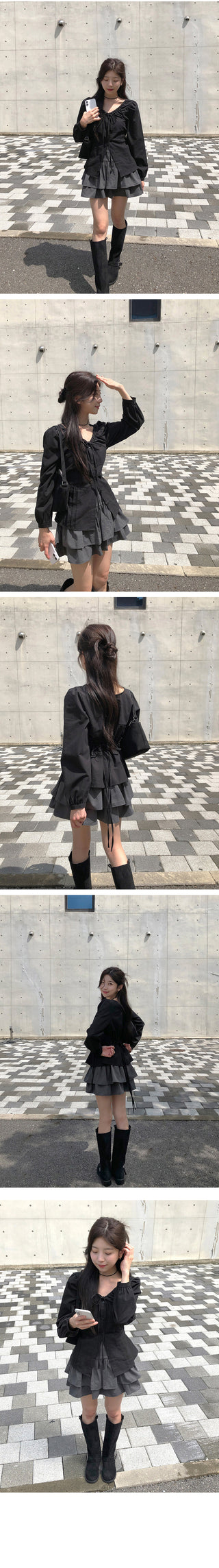 Long-sleeved blouse with ribbon pleats and puff sleeves