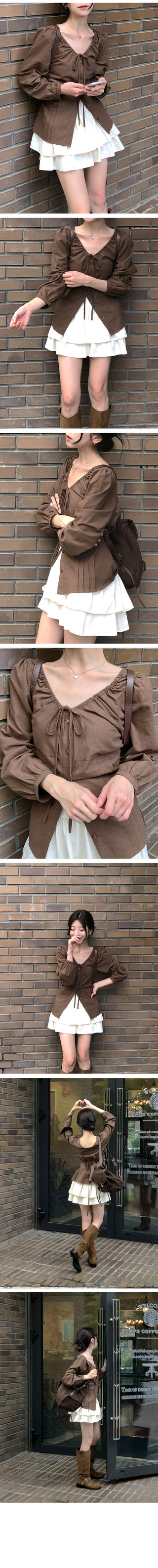 Long-sleeved blouse with ribbon pleats and puff sleeves