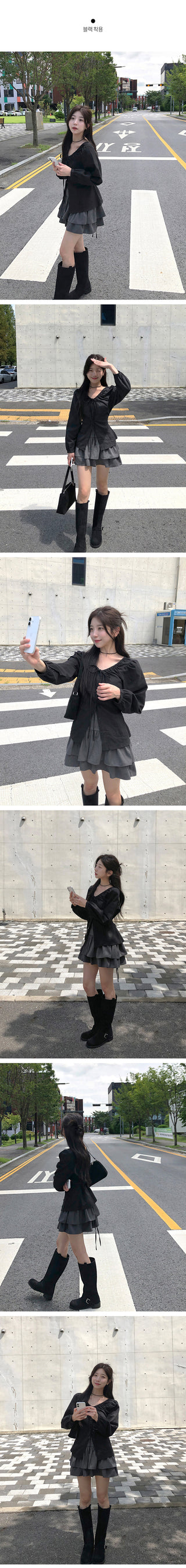 Long-sleeved blouse with ribbon pleats and puff sleeves