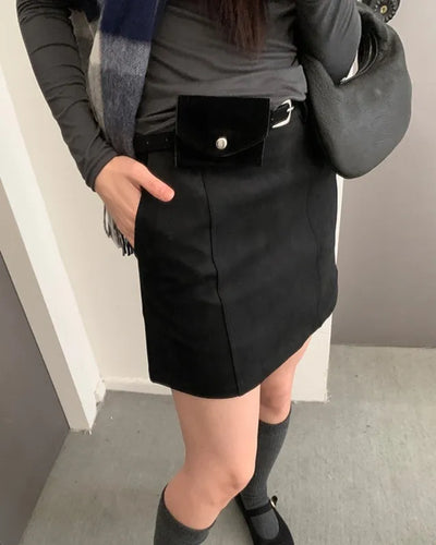 (2 colors) [Lined] Pocket Belt Suede Skirt