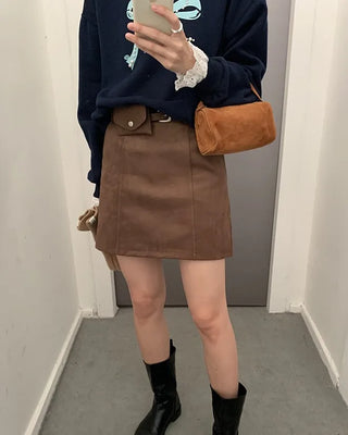 (2 colors) [Lined] Pocket Belt Suede Skirt