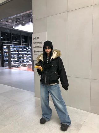 Fur-hooded studded parka