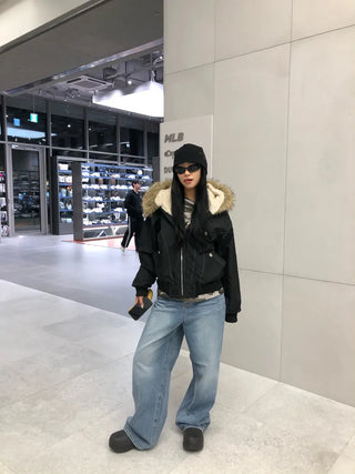 Fur-hooded studded parka