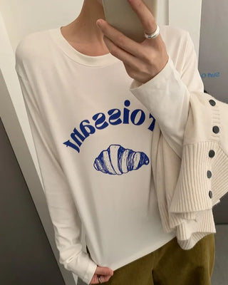 (2 colors) Round neck printed long t-shirt