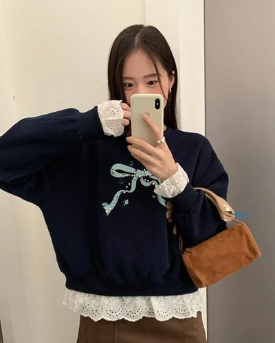 (2 colors) Lace Ribbon Sweatshirt