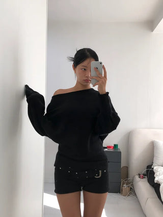 Off-shoulder knit top and shorts set