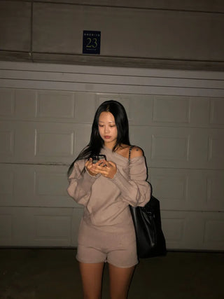 Off-shoulder knit top and shorts set
