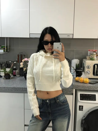 Cable knit hooded T-shirt