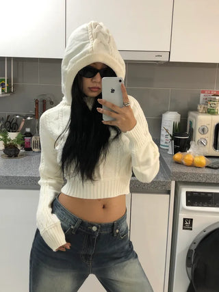 Cable knit hooded T-shirt