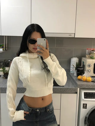 Cable knit hooded T-shirt