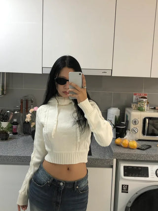 Cable knit hooded T-shirt