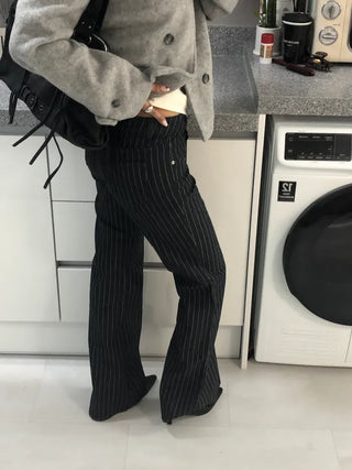 Striped wide-leg denim pants