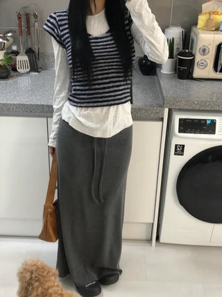 (3 colors) Long flared skirt