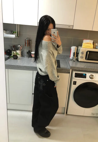 Cross-patch black denim pants