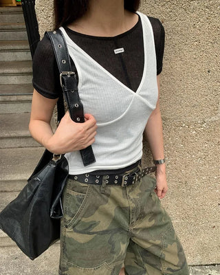 [2 colors] Short-sleeved layering rib T-shirt set