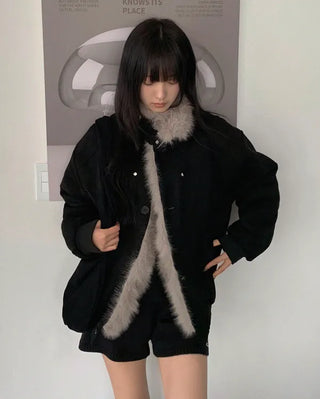 High-neck fur-trimmed jacket