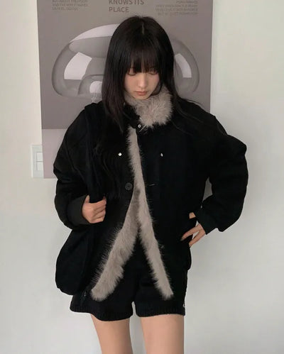 High-neck fur-trimmed jacket