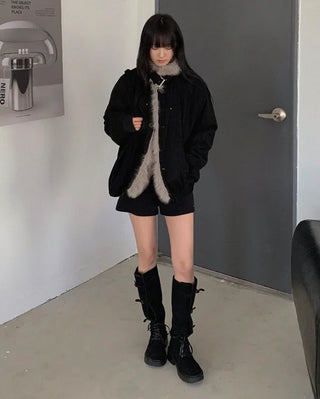 High-neck fur-trimmed jacket