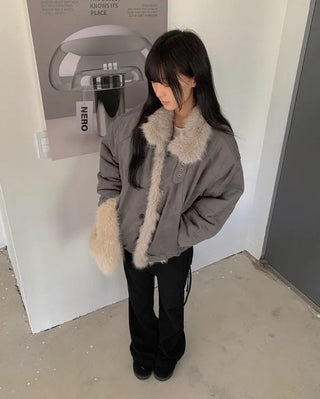 High-neck fur-trimmed jacket