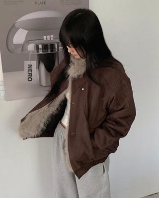 High-neck fur-trimmed jacket