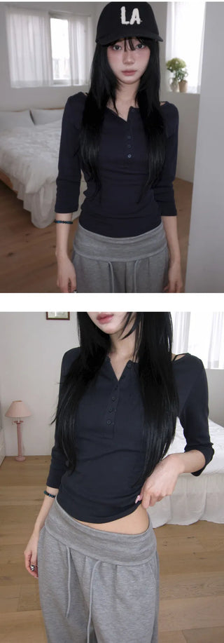 MADE MOMU BASIC Henley Neck Sleeve T-shirt - 4 colors