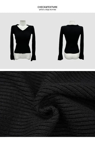 Mon Daily Collar V-Neck Long Sleeve Ribbed Knitwear - 3 Colors