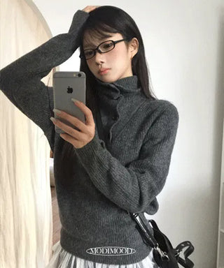 Mamel Semi-Over High Neck Turtleneck Button Warmer Knitwear - 3 Colors