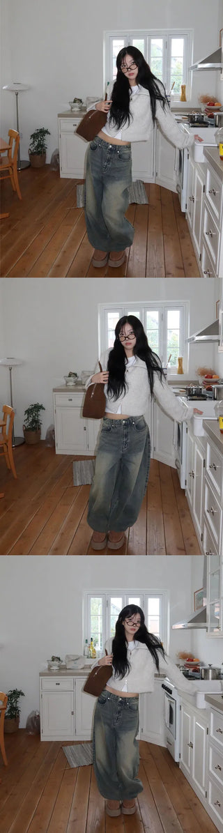 Balloon fit Faded low-rise wide denim pt - 3 colors