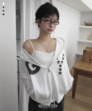 Loose-fit Star Hooded Zip-Up - 4 Colors