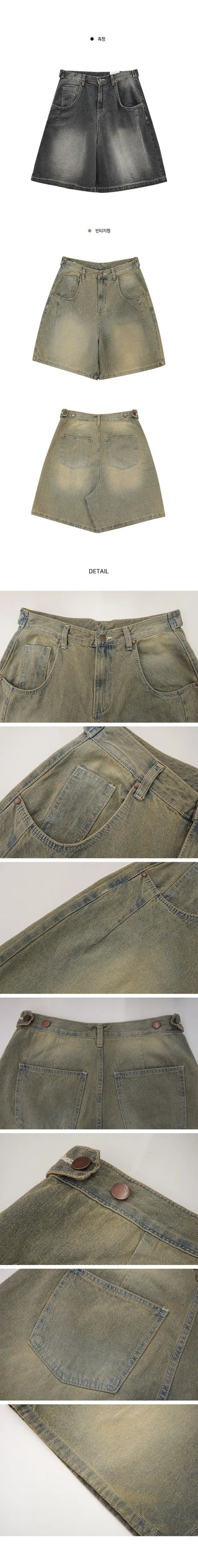Two-buckle Bermuda Vintage Faded Denim 3/4 Length Pants pt