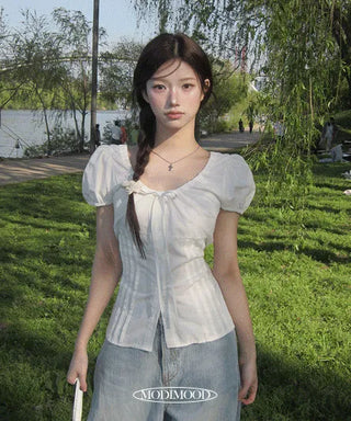 Picnic Ribbon Round Puff Pintuck Blouse - 2 Colors