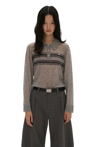 [moromoro2] Striped Polo Knit Top