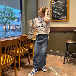 Washed denim long skirt