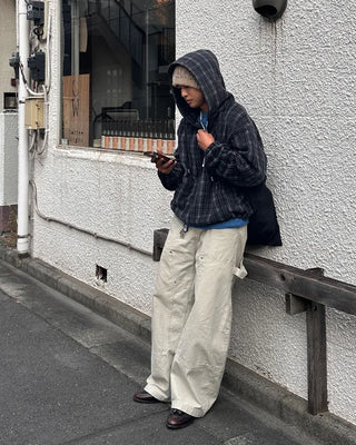 Checkered fleece knit hooded zip-up