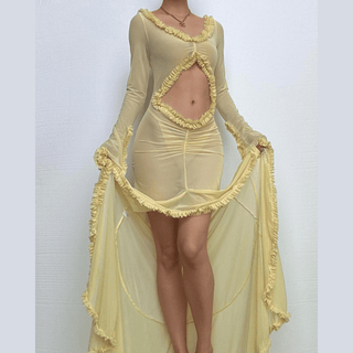 Long sleeve ruffle hollow out v neck sheer mesh cut out maxi dress-final-sale