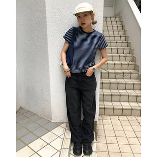 Basic striped half-sleeve T-shirt