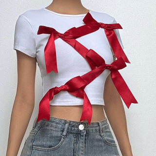 Short sleeve bowknot crewneck contrast top